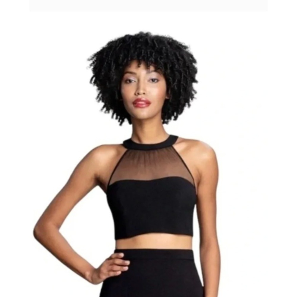 Dress The Population Eliana Black Sheer Mesh Halter Crop Top Large festival